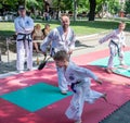 Lviv, Ukraine - July 2015: Yarych street Fest 2015. Demonstration exercise outdoors in the park children and their teacher