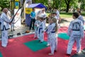 Lviv, Ukraine - July 2015: Yarych street Fest 2015. Demonstration exercise outdoors in the park children and their teacher