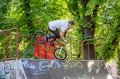 Lviv, Ukraine - July 2015: Yarych street Fest 2015. Extreme jumping on a BMX bike and perform stunts in the air Royalty Free Stock Photo