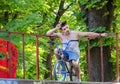 Lviv, Ukraine - July 2015: Yarych street Fest 2015. Extreme jumping on a BMX bike and perform stunts in the air Royalty Free Stock Photo