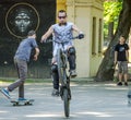 Lviv, Ukraine - July 2015: Yarych street Fest 2015. Extreme jumping on a BMX bike and perform stunts in the air Royalty Free Stock Photo