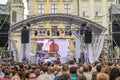 Lviv Ukraine June 2015: Alfa Jazz Fest 2015. Musician bands Contrast Trio perform before the audience fans on stage jazz festival Royalty Free Stock Photo