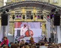 Lviv Ukraine June 2015: Alfa Jazz Fest 2015. Musician bands Contrast Trio perform before the audience fans on stage jazz festival Royalty Free Stock Photo