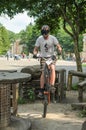 LVIV, UKRAINE - JUNE 2018: A cyclist performs tricks on a bicycle trial to overcome an obstacle course Royalty Free Stock Photo