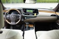 Lviv, Ukraine - June 8, 2023 Lexus ES 300h luxury hybrid car interior. Inside car interior with front leather seats