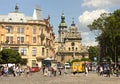 Lviv, Ukraine - June 2017: People in center of Lviv with St. An