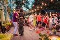 Lviv, Ukraine - August 4, 2018. People dancing salsa and bachata in outdoor cafe in Lviv Royalty Free Stock Photo