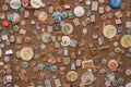 Lviv, Ukraine - 08.01.2022 : many of vintage ussr badges on flea market or thrift shop. Collectibles memorabilia and