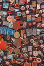 Lviv, Ukraine - 08.01.2022 : many of vintage ussr badges on flea market or thrift shop. Collectibles memorabilia and phaleristics