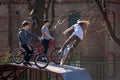 Lviv, Ukraine - March 12, 2020: BMX in the city skatepark. A group of teens on Bmx bikes in a skate park. Extreme sports Royalty Free Stock Photo