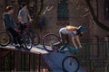 Lviv, Ukraine - March 12, 2020: BMX in the city skatepark. A group of teens on Bmx bikes in a skate park. Extreme sports Royalty Free Stock Photo