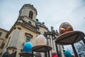 LVIV, UKRAINE - March 31, 2018: easter decoration eggs church on background