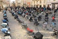 Lviv, Ukraine - March 18, 2022: 109 empty strollers are seen placed outside the Lviv city council during an action to highlight