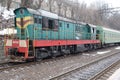 LVIV, UKRAINE - March 10, 2021: Freight train runs in winter