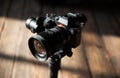 LVIV, UKRAINE - March 20, 2021 : Modern Sony camera on electronic stabilizer Royalty Free Stock Photo