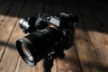LVIV, UKRAINE - March 20, 2021 : Modern Sony camera on electronic stabilizer Royalty Free Stock Photo