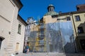 LVIV, UKRAINE - March 20, 2022: Protective structures base on scaffolding for protection facade of The Boim Chapel in case of