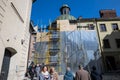 LVIV, UKRAINE - March 20, 2022: Protective structures base on scaffolding for protection facade of The Boim Chapel in case of