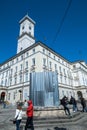 LVIV, UKRAINE - March 20, 2022: Protective structures for protection in case of bombing - statues of fountains of Diana, Neptune,