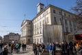 LVIV, UKRAINE - March 20, 2022: Protective structures for protection in case of bombing - statues of fountains of Diana, Neptune,