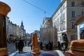 LVIV, UKRAINE - March 20, 2022: Protective structures for protection in case of bombing - statues of fountains of Diana, Neptune,