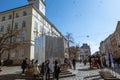 LVIV, UKRAINE - March 20, 2022: Protective structures for protection in case of bombing - statues of fountains of Diana, Neptune,