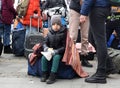 Refugees near railway station of Lviv waiting for the train to Poland
