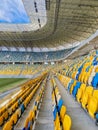 Lviv, Ukraine - March 1, 2020 : seats rows on Arena Lviv Stadium, soccer field stadium and stadium seats on a non sporting day.