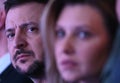 Ukrainian President Volodymyr Zelensky (L) and Ukrainian first lady Olena Zelenska (R) at the \