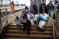 Ukrainian refugees from Mariupol on Lviv railway station waiting for train to escape to Europe Royalty Free Stock Photo