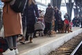 Ukrainian refugees from Mariupol on Lviv railway station waiting for train to escape to Europe Royalty Free Stock Photo