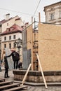 LVIV, UKRAINE - March 16, 2022: Ukrainians Work to Protect Historic Statues in Lviv