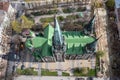 Aerial veiw on Elizabeth church in Lviv, Ukraine from drone. Consecration of Easter food, cakes, eggs