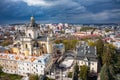 Aerial view on St. George`s Cathedral in Lviv, Ukraine from drone. Consecration of Easter food, cakes, eggs