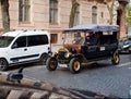 LVIV, UKRAINE - NOVEMBER 9, 2019: tourist retro electric car