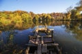 LVIV, UKRAINE - October 16, 2019: Autumn lake and place for fishing