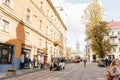 Lviv, Ukraine. October 2019. Beautiful streets of old Lviv with tram tracks and a retro car on the road Royalty Free Stock Photo