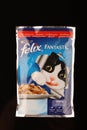 LVIV, UKRAINE - September 22, 2020: Felix cat food packed black background Royalty Free Stock Photo