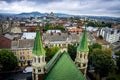 Lviv, Ukraine - September 30, 2016:Green spiers of the roofs of the old church in Lviv. Dome Church of St. Olga and Elizabeth in Royalty Free Stock Photo