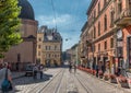 LVIV, UKRAINE - SEPTEMBER 07, 2016: Lviv City With Local Architecture and People. Empty Tram Way