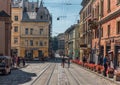 LVIV, UKRAINE - SEPTEMBER 07, 2016: Lviv City With Local Architecture and People. Empty Tram Way