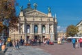 LVIV, UKRAINE - SEPTEMBER 07, 2016: Lviv City With Local Architecture and People. Lviv National Academic theatre of opera and ball