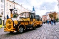 Lviv, Ukraine: tourist tram on the main square of Lviv.