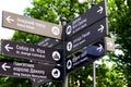 Lvov city. Signposts, street sign for tourists in Lviv, Ukraine, inscriptions in Ukrainian - Square Rynok, Opera House, Church All