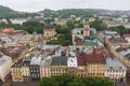 Lvov panorama landmark, top view. Historical center of Lviv. Church and ancient buildings in Lvov, view from above.