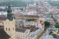 Lvov panorama landmark, top view. Historical center of Lviv. Church and ancient buildings in Lvov, view from above.