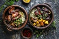 Lyavangi and Jiz-biz, Roasted Quail with Rice and Grilled Liver, Heart and Lungs in Ceramic Bowls