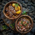 Lyavangi and Jiz-biz, Roasted Quail with Rice and Grilled Liver, Heart and Lungs in Ceramic Bowls