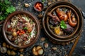 Lyavangi and Jiz-biz, Roasted Quail with Rice and Grilled Liver, Heart and Lungs in Ceramic Bowls