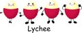 Lychee character with arms and legs on a white background. Smiles and eyes on their faces. Cheerful fruit